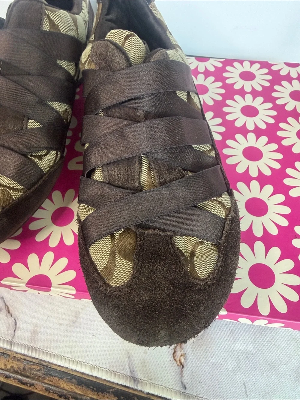 Coach Brown Signature Ribbon Slip-On Sneakers with Suede Trim‎
